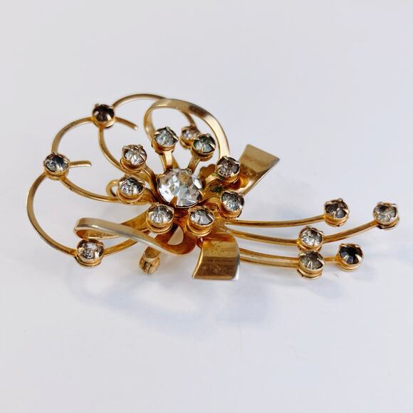 VTG 1940s Brooch Mid Century Gold Tone Ribbon Rhinestone Spray Jewelry - Picture 4 of 8
